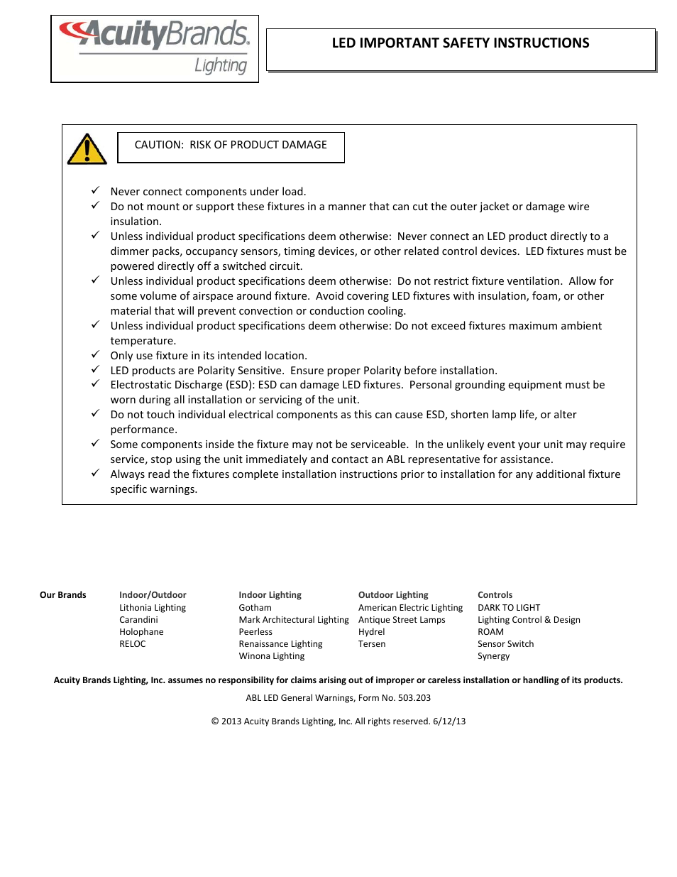 Led important safety instructions | American Electric Lighting Autobahn ATBS User Manual | Page 2 / 3