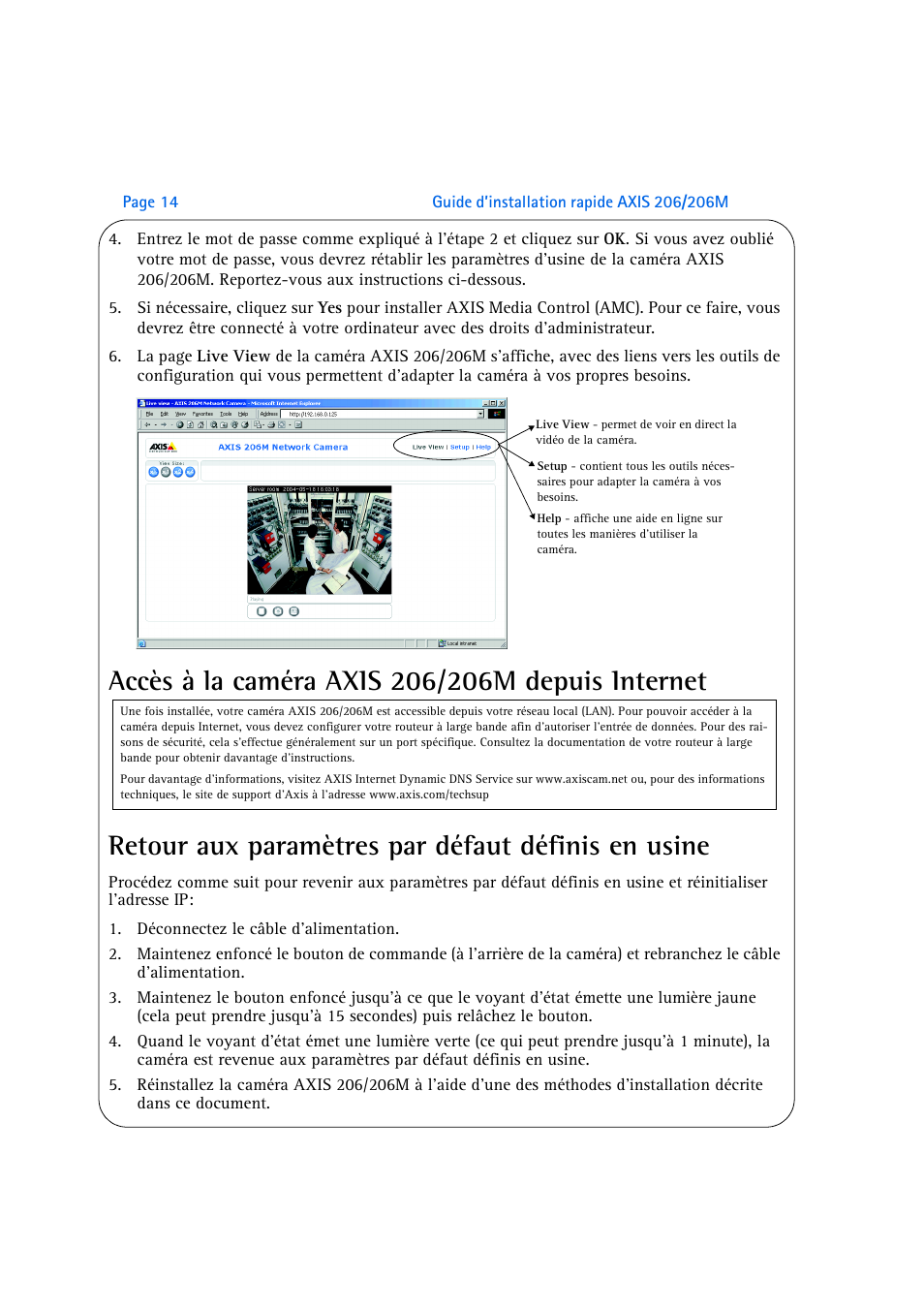 Accès à la caméra axis 206/206m depuis internet, Retour aux paramètres par défaut définis en usine | Axis Communications AXIS 206M User Manual | Page 14 / 36