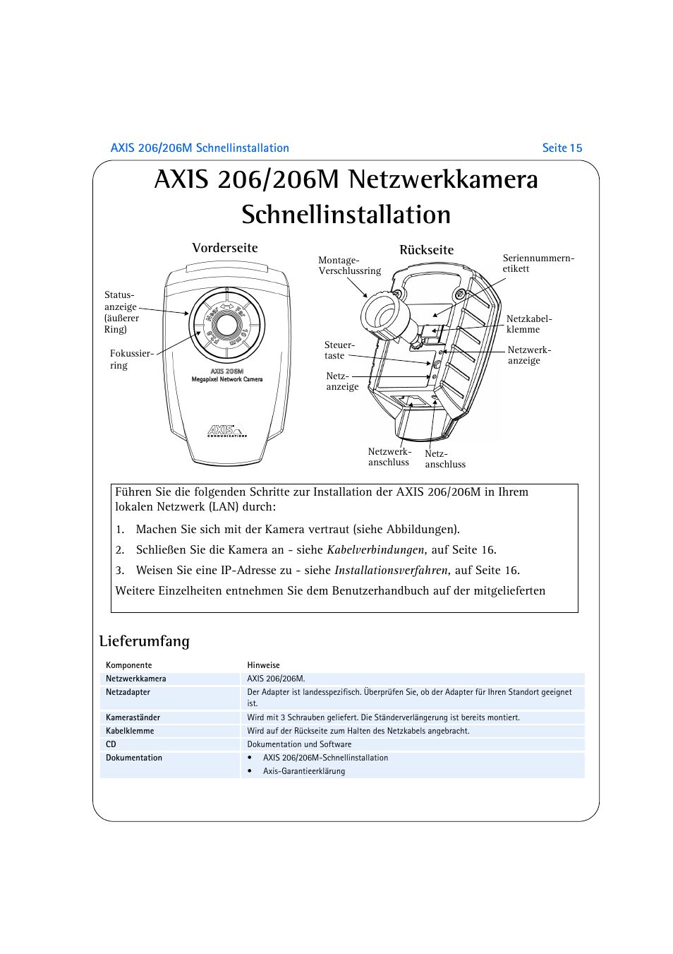 Axis 206/206m netzwerkkamera schnellinstallation, Lieferumfang, Vorderseite | Rückseite | Axis Communications AXIS 206M User Manual | Page 15 / 36