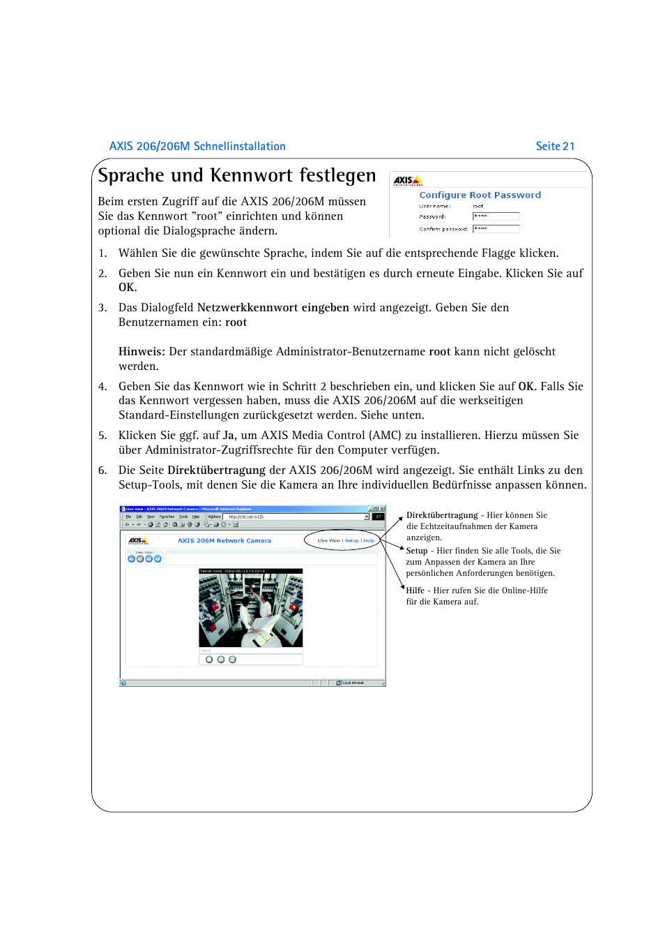 Sprache und kennwort festlegen | Axis Communications AXIS 206M User Manual | Page 21 / 36