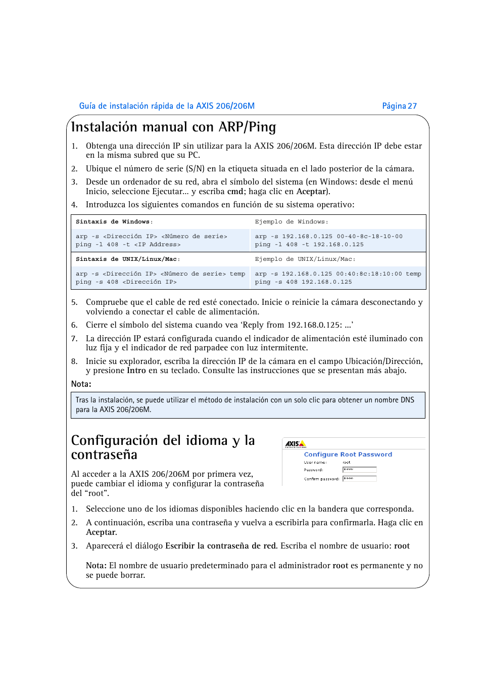 Instalación manual con arp/ping, Configuración del idioma y la contraseña | Axis Communications AXIS 206M User Manual | Page 27 / 36