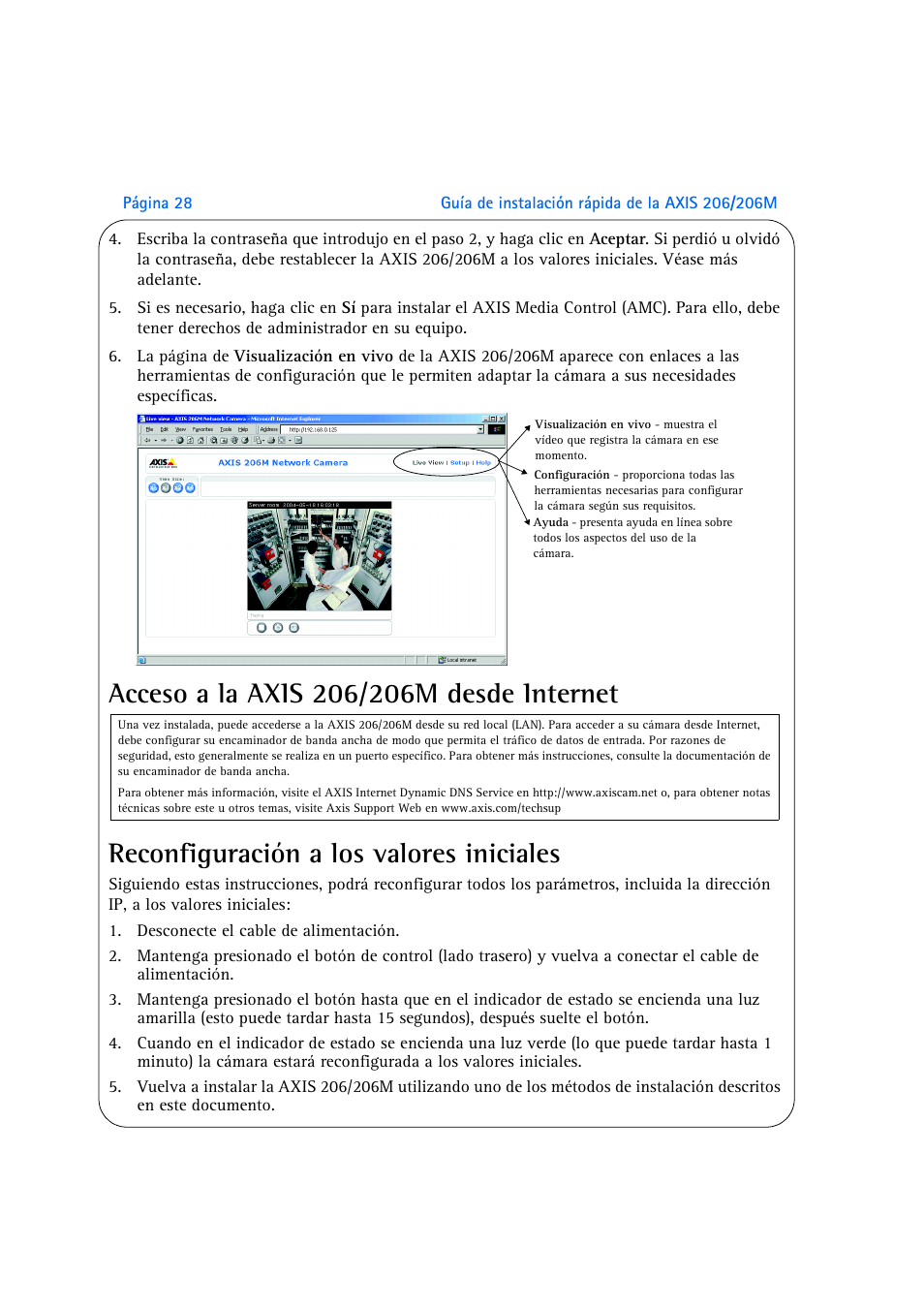Acceso a la axis 206/206m desde internet, Reconfiguración a los valores iniciales | Axis Communications AXIS 206M User Manual | Page 28 / 36