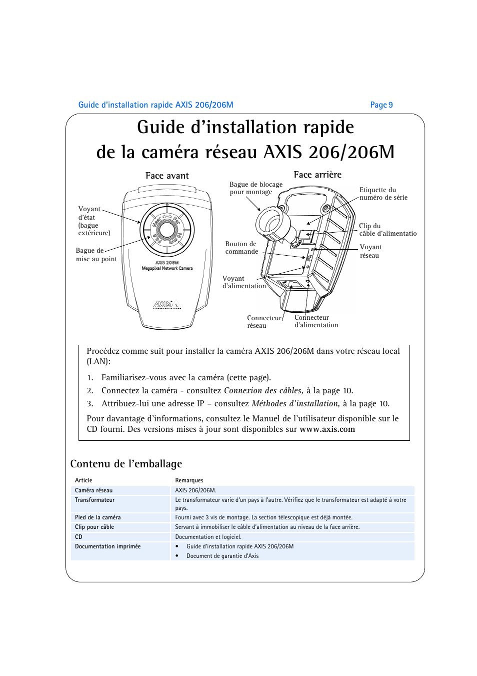 Contenu de l’emballage, Face avant, Face arrière | Axis Communications AXIS 206M User Manual | Page 9 / 36