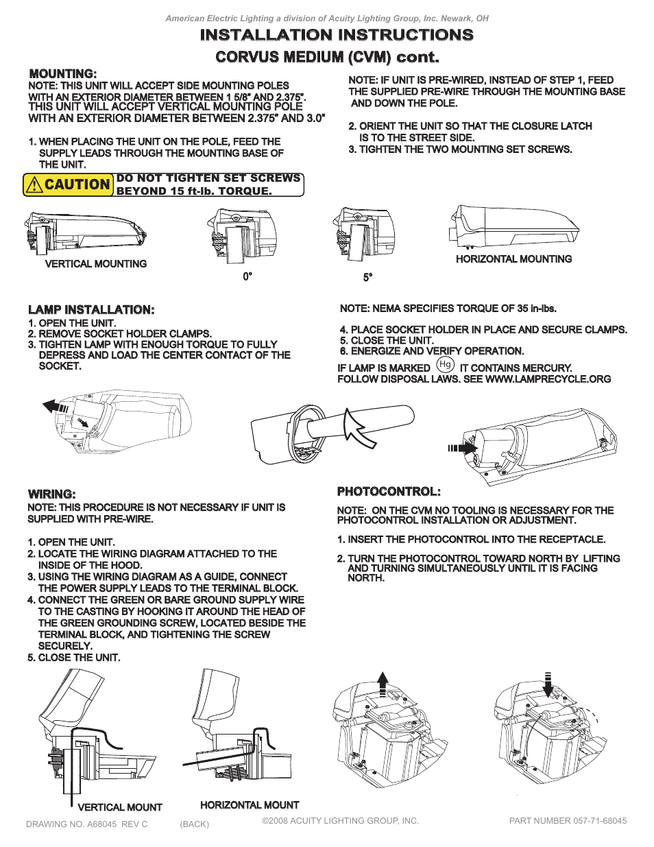 Installation instructions, Corvus medium (cvm) corvus medium (cvm) cont. cont, Caution | American Electric Lighting CVM User Manual | Page 2 / 2