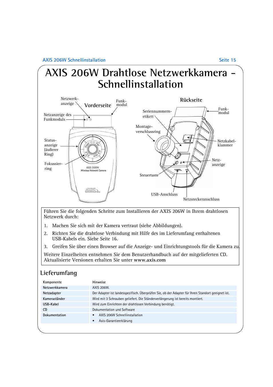 Lieferumfang, Vorderseite, Rückseite | Axis Communications 206W User Manual | Page 15 / 34