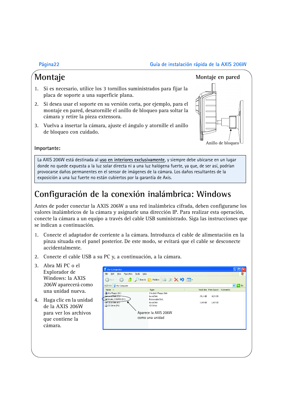 Montaje, Configuración de la conexión inalámbrica: windows | Axis Communications 206W User Manual | Page 22 / 34