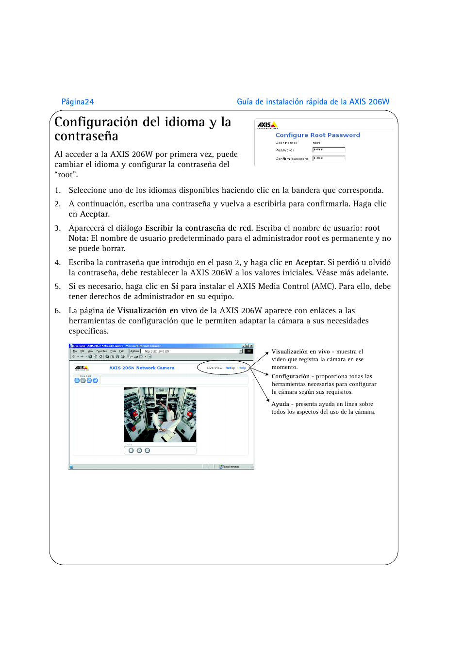 Configuración del idioma y la contraseña | Axis Communications 206W User Manual | Page 24 / 34
