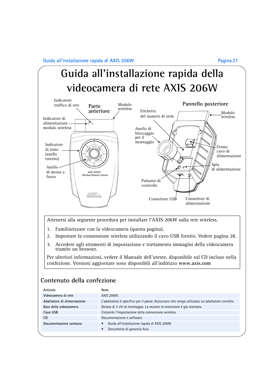 Contenuto della confezione, Parte, Anteriore | Pannello posteriore | Axis Communications 206W User Manual | Page 27 / 34