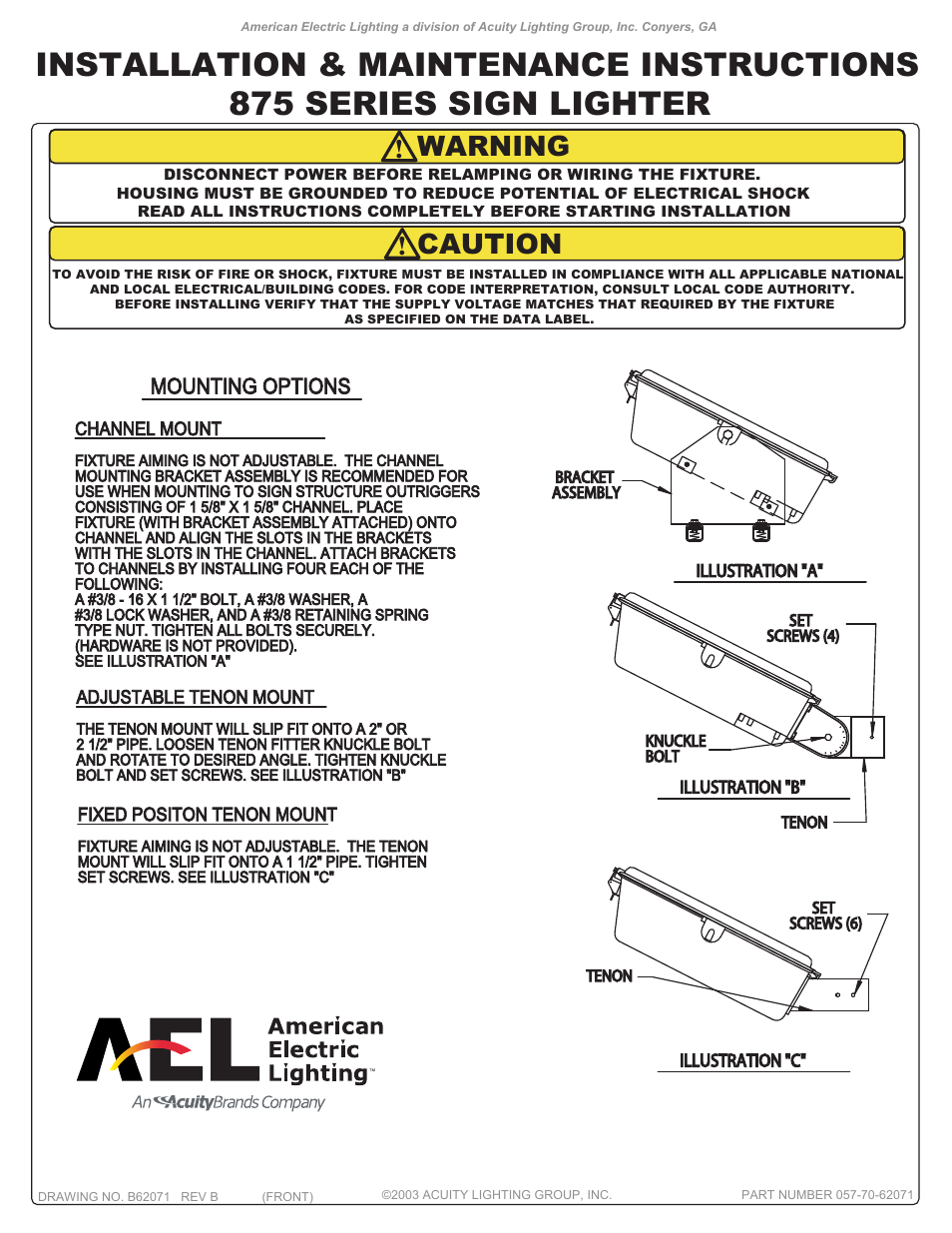 American Electric Lighting 875 new User Manual | 2 pages