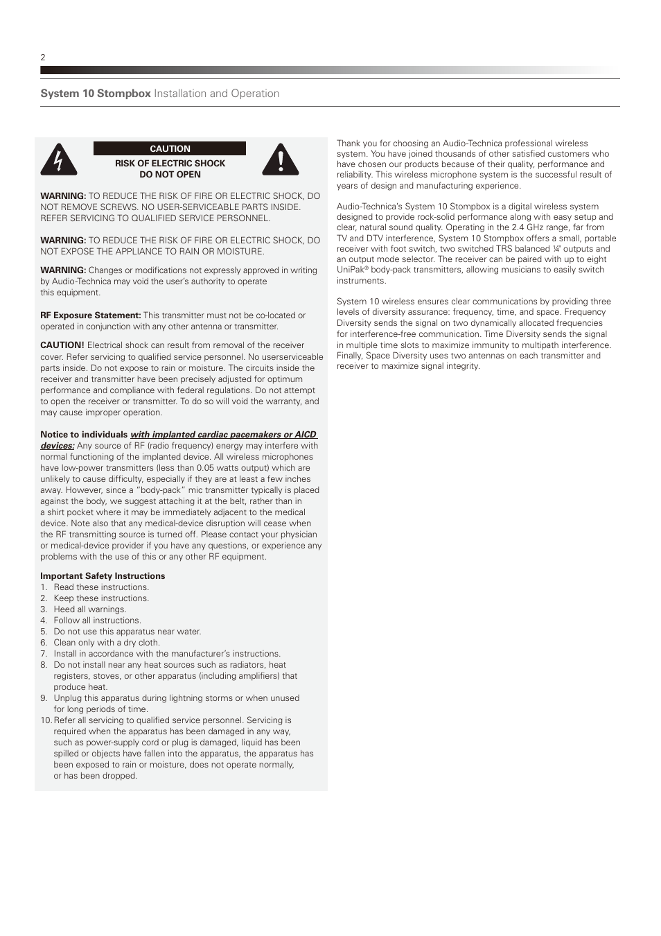System 10 stompbox installation and operation | Audio-Technica SYSTEM 10 STOMPBOX (ATW-1501) EN User Manual | Page 2 / 8