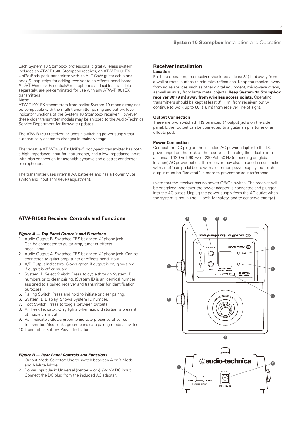 System 10 stompbox installation and operation, Receiver installation, Atw-r1500 receiver controls and functions | Audio-Technica SYSTEM 10 STOMPBOX (ATW-1501) EN User Manual | Page 3 / 8