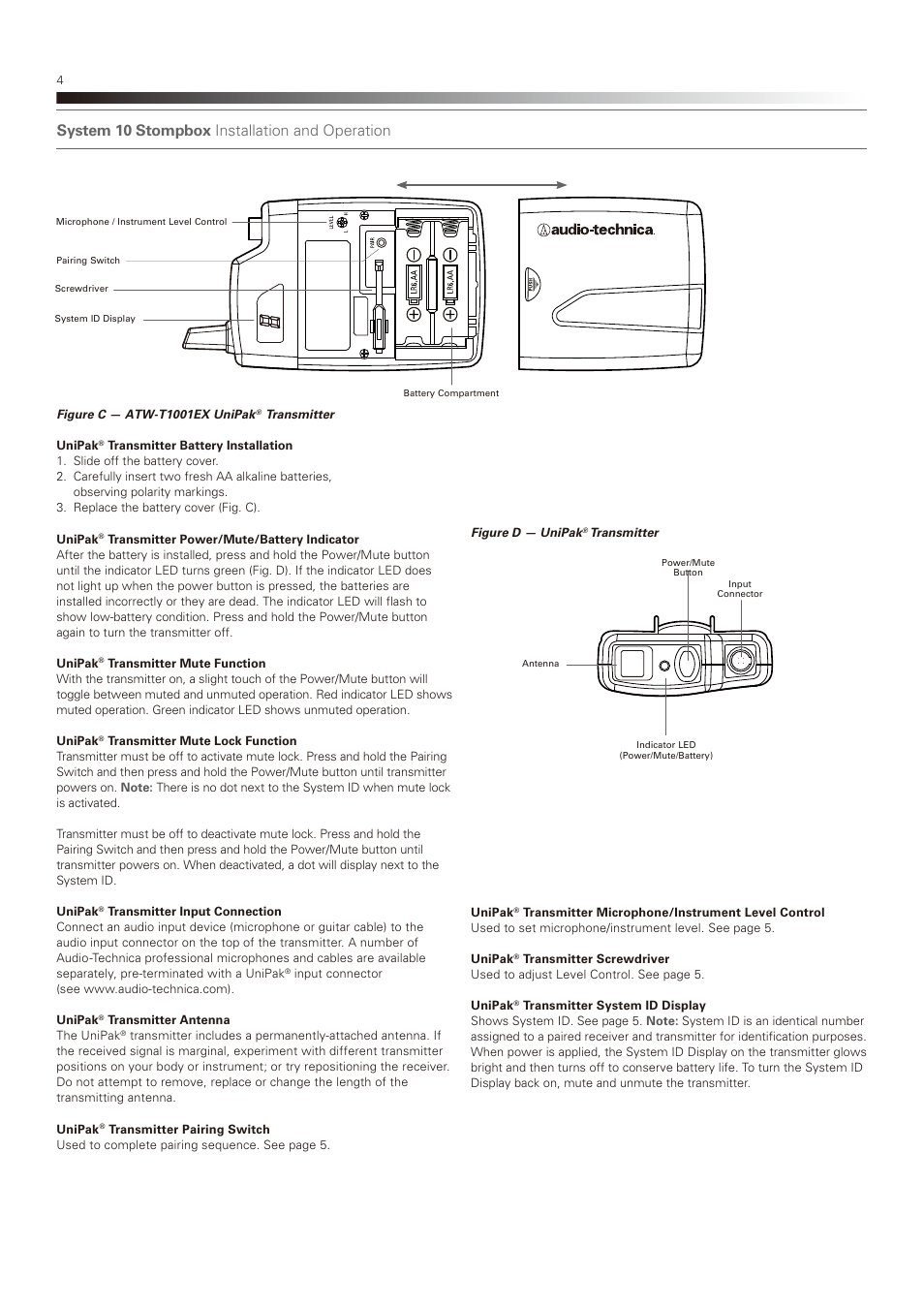 System 10 stompbox installation and operation | Audio-Technica SYSTEM 10 STOMPBOX (ATW-1501) EN User Manual | Page 4 / 8