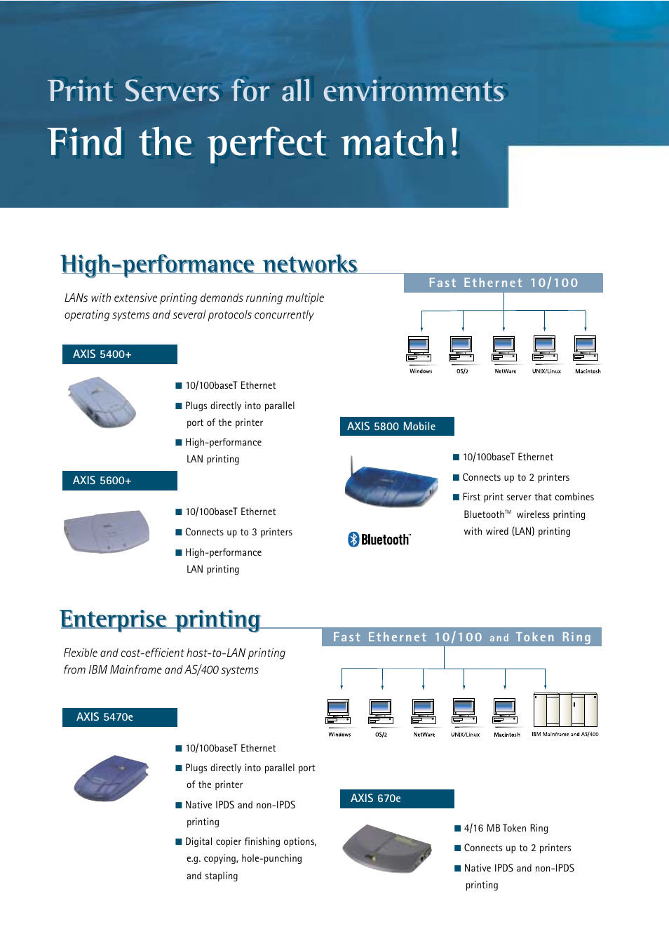 Find the perfect match, Print servers for all environments, High-performance networks | Enterprise printing | Axis Communications AXIS 5470e User Manual | Page 2 / 6