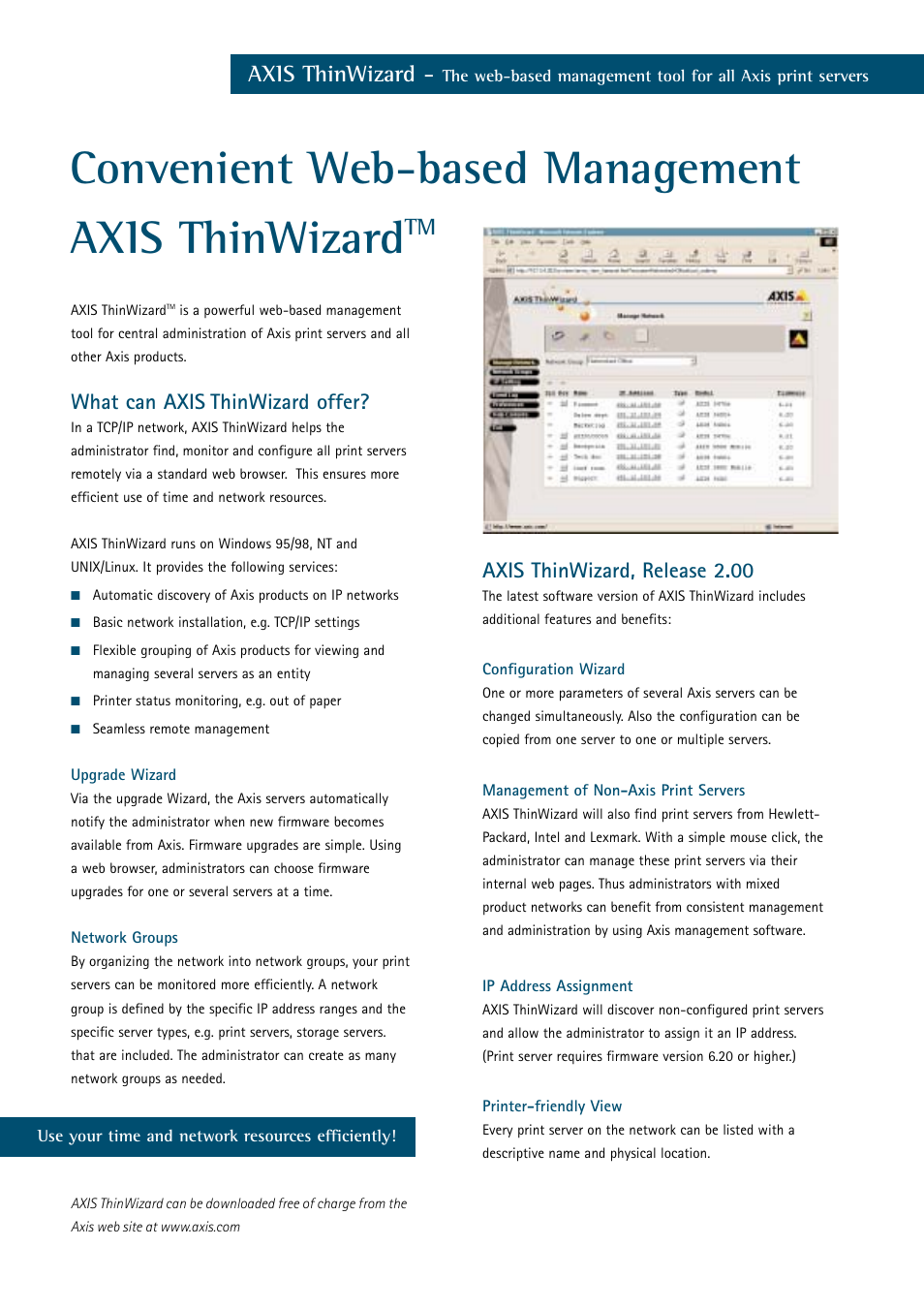 Convenient web-based management axis thinwizard, Axis thinwizard, What can axis thinwizard offer | Axis thinwizard, release 2.00 | Axis Communications AXIS 5470e User Manual | Page 5 / 6