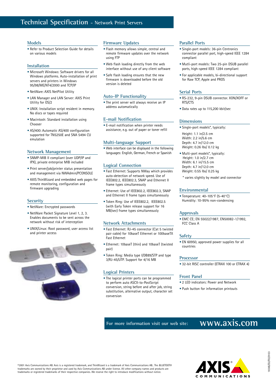 Technical specification, Network print servers | Axis Communications AXIS 5470e User Manual | Page 6 / 6