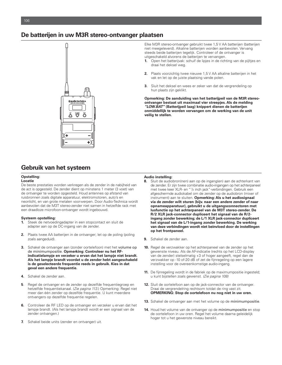 Gebruik van het systeem, De batterijen in uw m3r stereo-ontvanger plaatsen | Audio-Technica M3R User Manual | Page 106 / 120