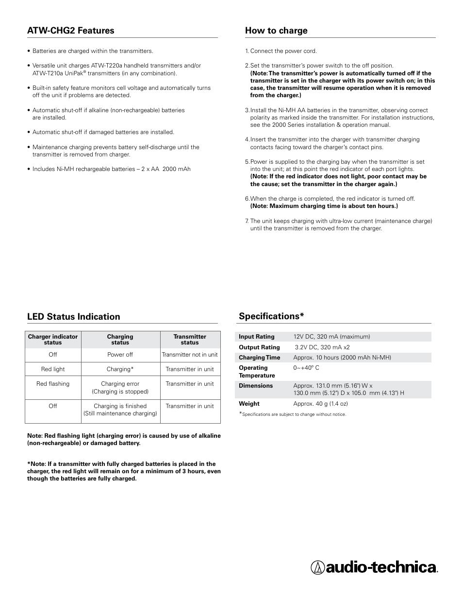 Atw-chg2 features, Led status indication, Specifications | How to charge | Audio-Technica ATW-CHG2 User Manual | Page 2 / 2