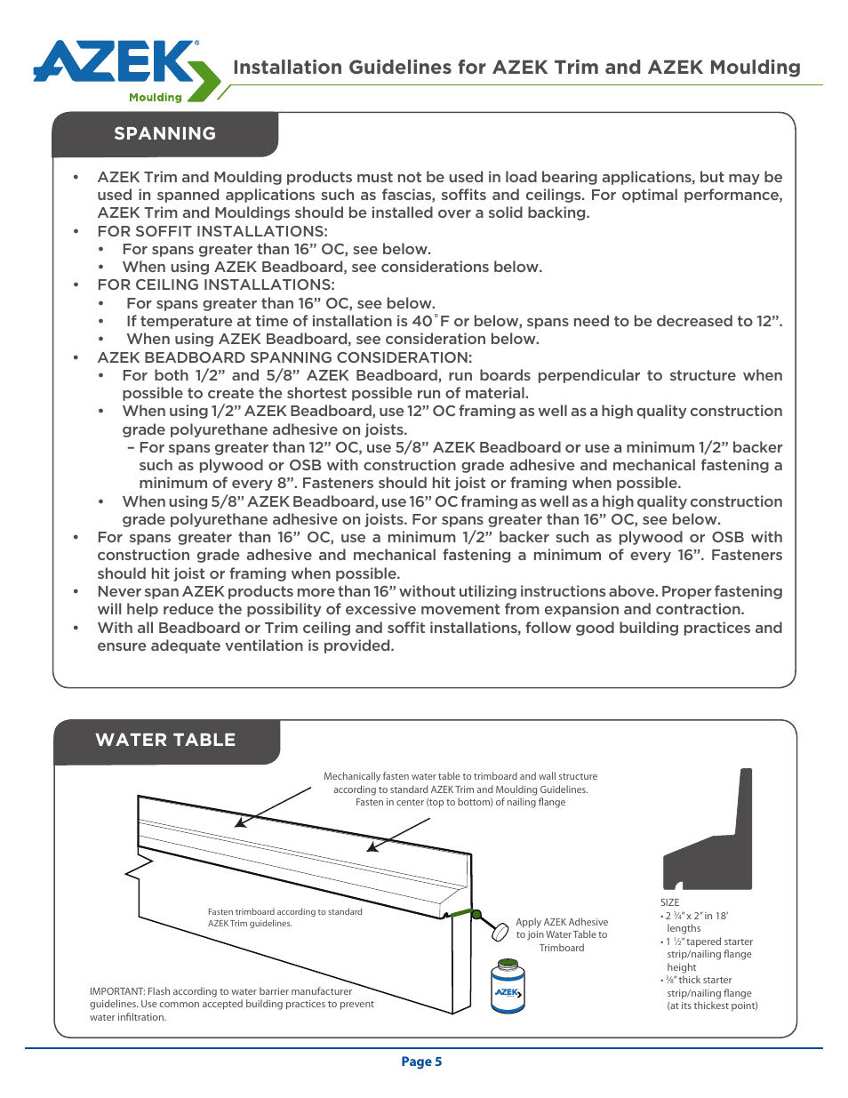 Spanning, Water table | AZEK Trim & Moulding EN User Manual | Page 5 / 12