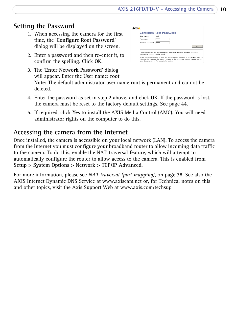 Setting the password, Accessing the camera from the internet | Axis Communications 216FD/FD-V User Manual | Page 10 / 64