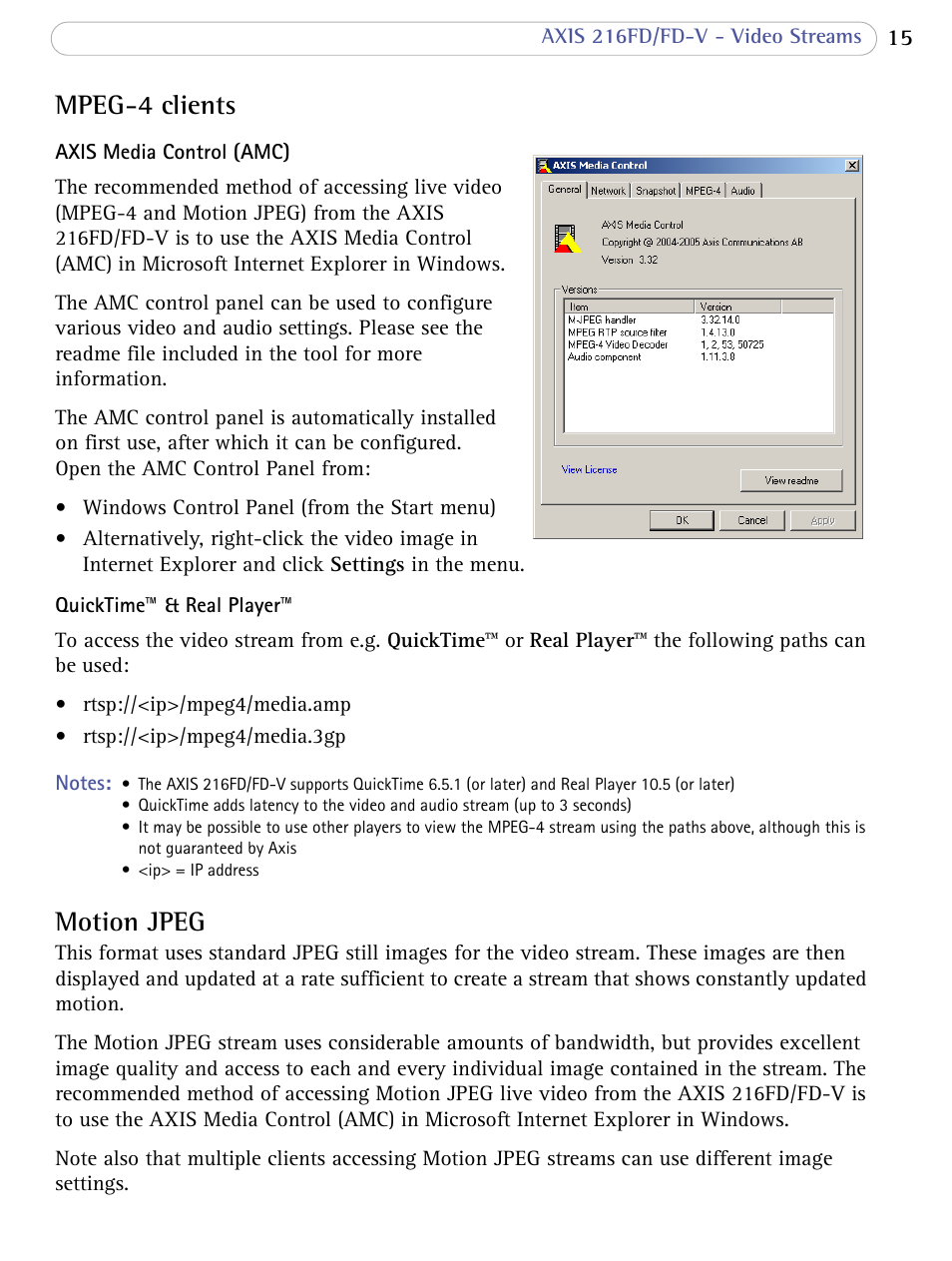 Mpeg-4 clients, Motion jpeg | Axis Communications 216FD/FD-V User Manual | Page 15 / 64