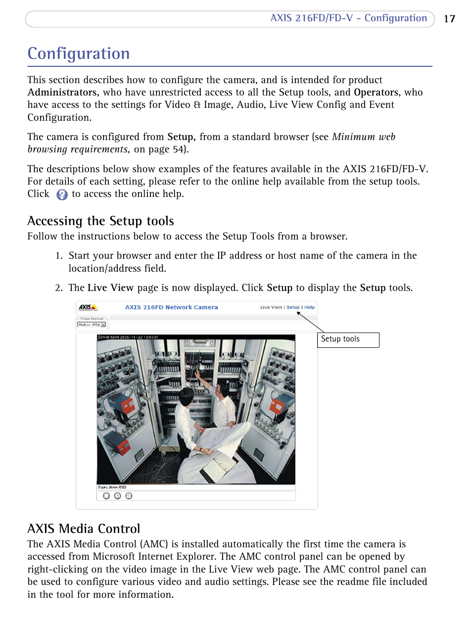 Configuration, Accessing the setup tools, Axis media control | Onfiguration | Axis Communications 216FD/FD-V User Manual | Page 17 / 64