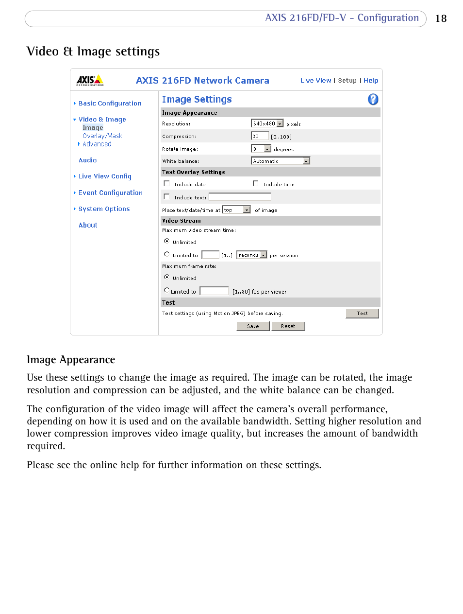Video & image settings, Video and image settings, Audio | Axis Communications 216FD/FD-V User Manual | Page 18 / 64