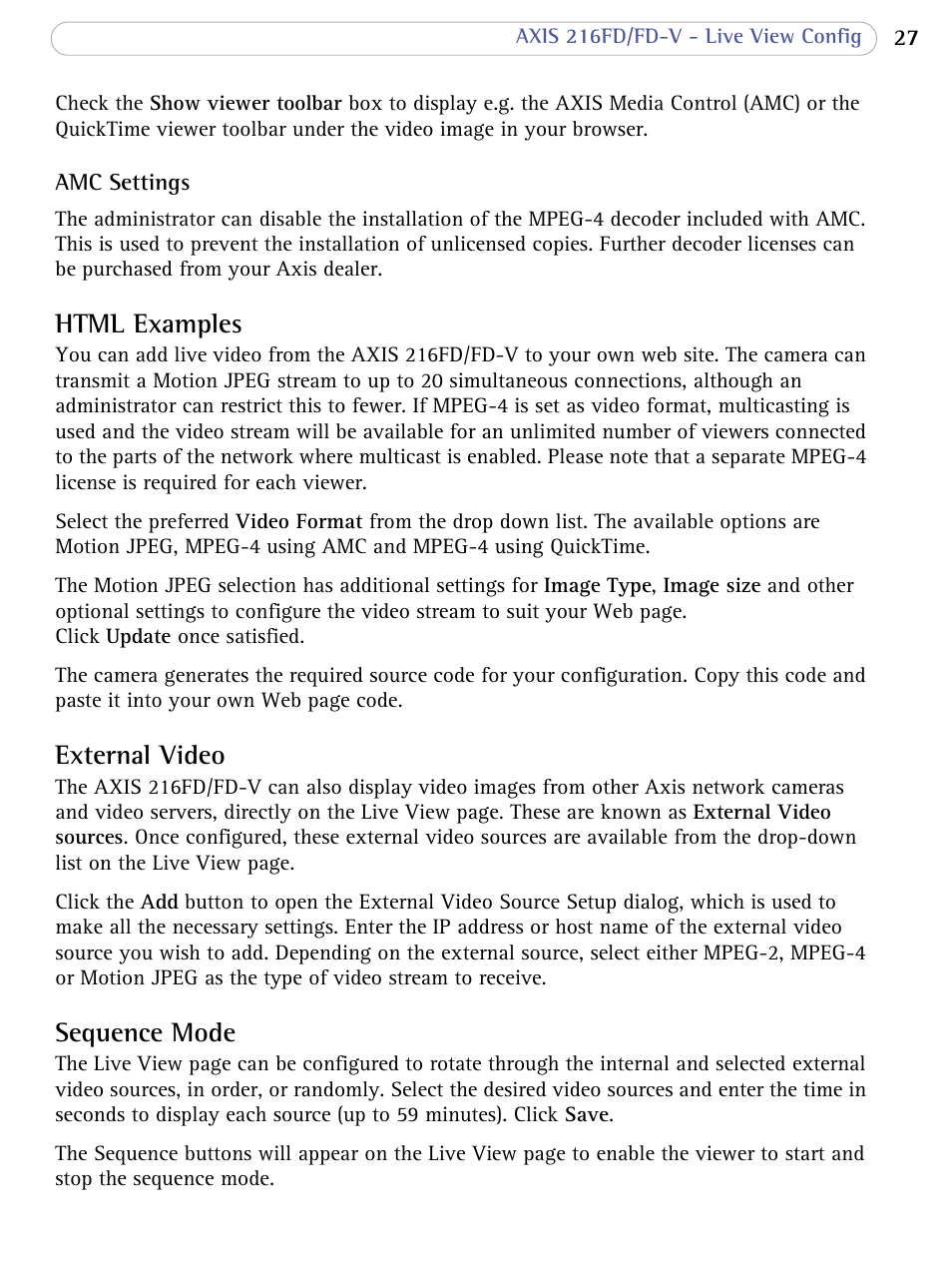 Html examples, External video, Sequence mode | Ples | Axis Communications 216FD/FD-V User Manual | Page 27 / 64