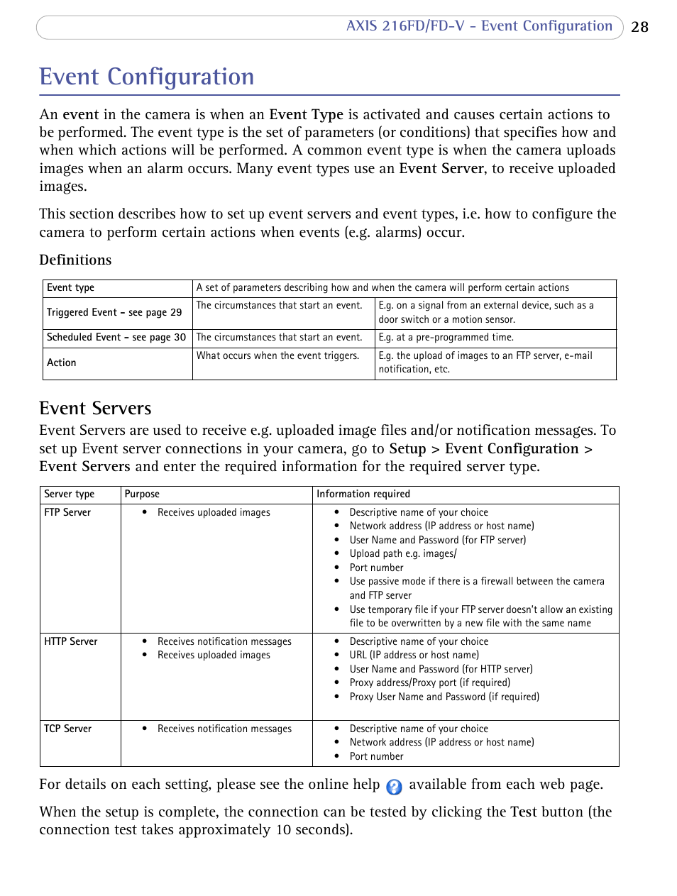 Event configuration, Event servers | Axis Communications 216FD/FD-V User Manual | Page 28 / 64