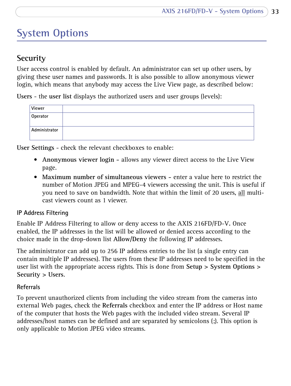 System options, Security, Date & time | Axis Communications 216FD/FD-V User Manual | Page 33 / 64