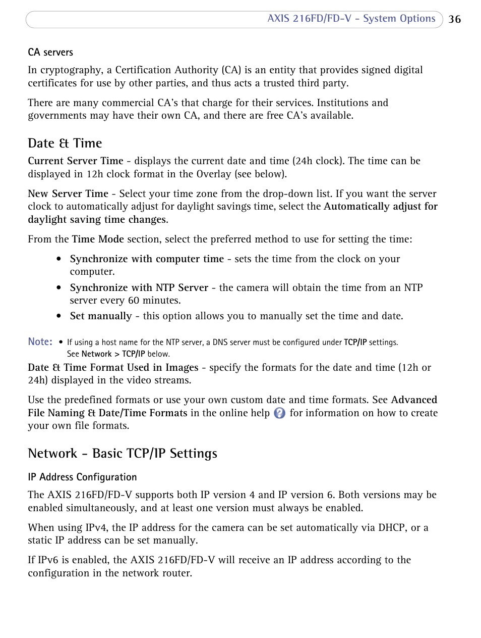 Date & time, Network - basic tcp/ip settings | Axis Communications 216FD/FD-V User Manual | Page 36 / 64