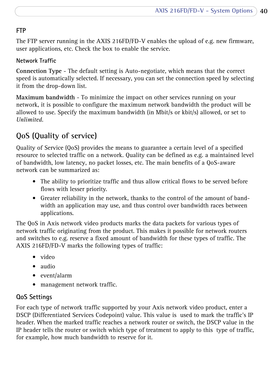 Qos (quality of service) | Axis Communications 216FD/FD-V User Manual | Page 40 / 64