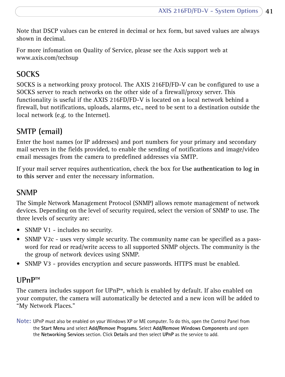 Socks, Smtp (email), Snmp | Upnp | Axis Communications 216FD/FD-V User Manual | Page 41 / 64