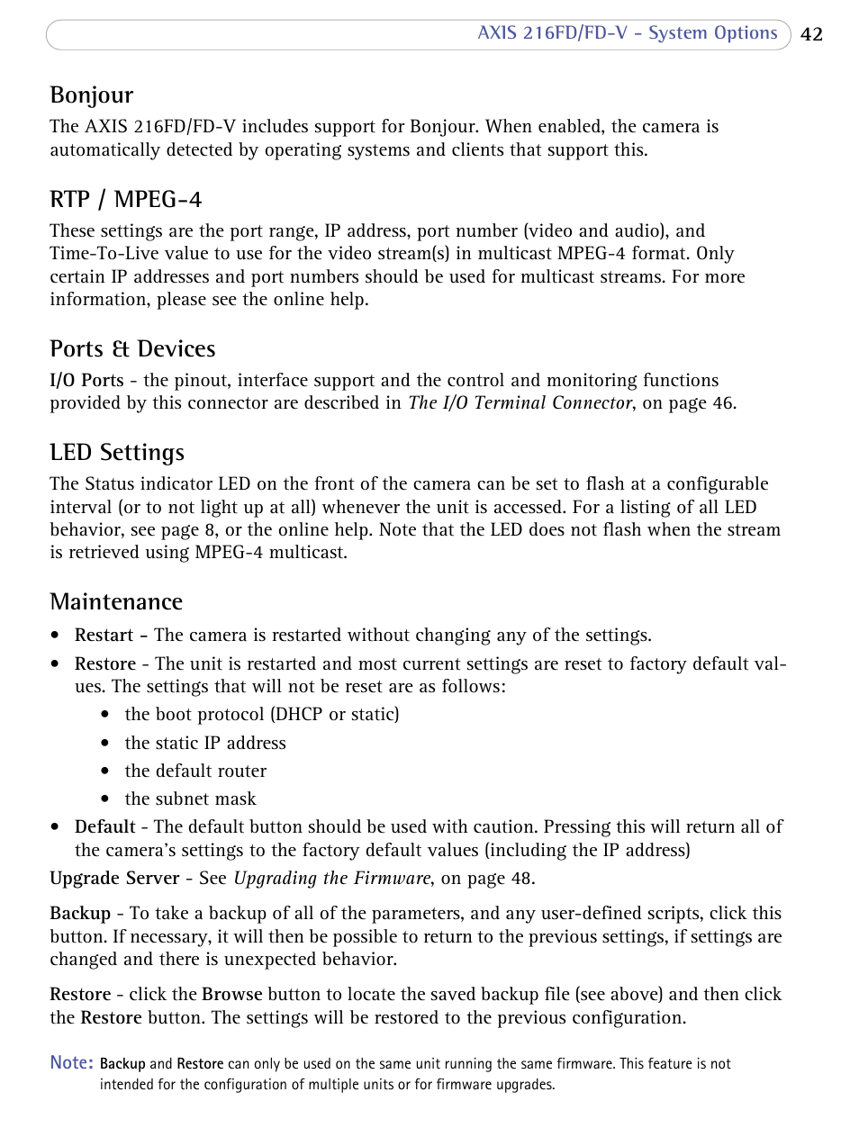 Bonjour, Rtp / mpeg-4, Ports & devices | Led settings, Maintenance | Axis Communications 216FD/FD-V User Manual | Page 42 / 64