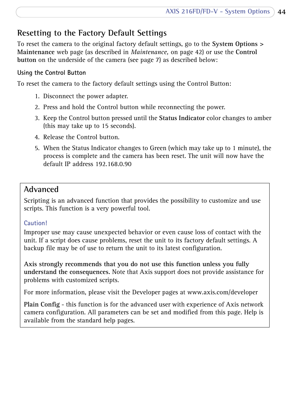 Resetting to the factory default settings, Advanced | Axis Communications 216FD/FD-V User Manual | Page 44 / 64