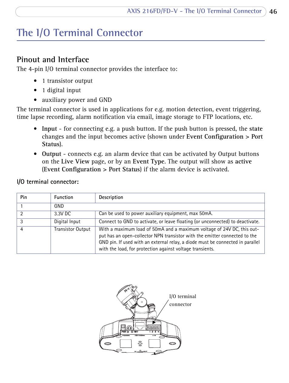 The i/o terminal connector, Pinout and interface | Axis Communications 216FD/FD-V User Manual | Page 45 / 64