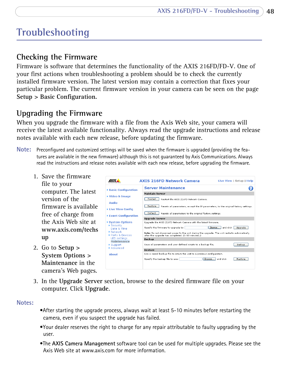Troubleshooting, Shooting, Checking the firmware | Upgrading the firmware | Axis Communications 216FD/FD-V User Manual | Page 47 / 64