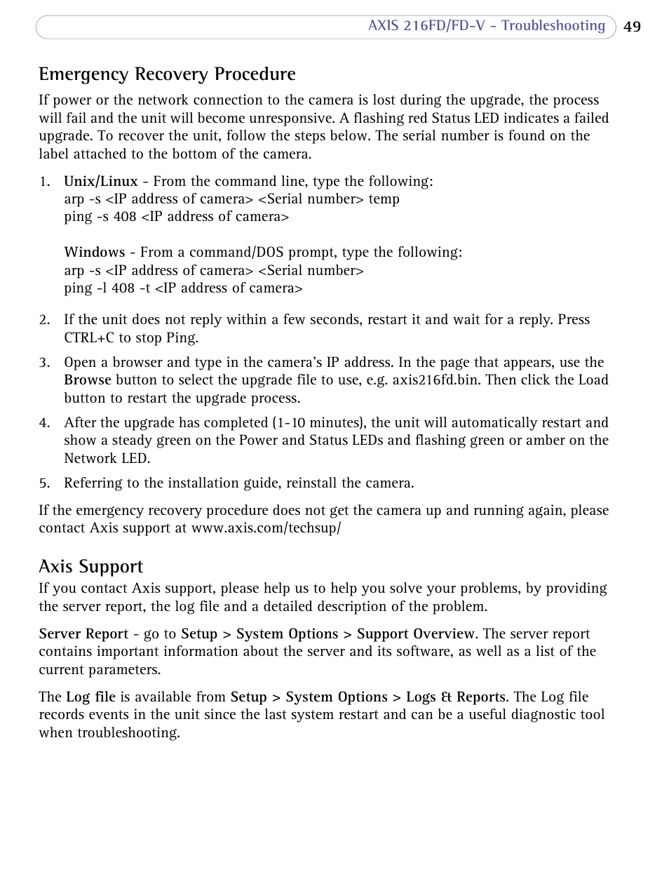 Emergency recovery procedure, Axis support | Axis Communications 216FD/FD-V User Manual | Page 48 / 64