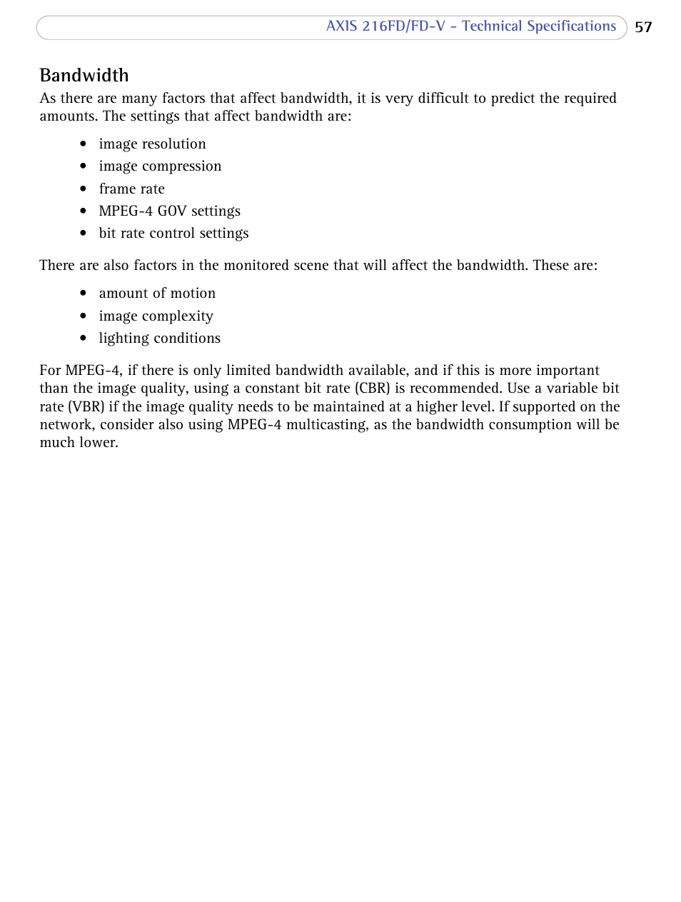 Bandwidth | Axis Communications 216FD/FD-V User Manual | Page 56 / 64