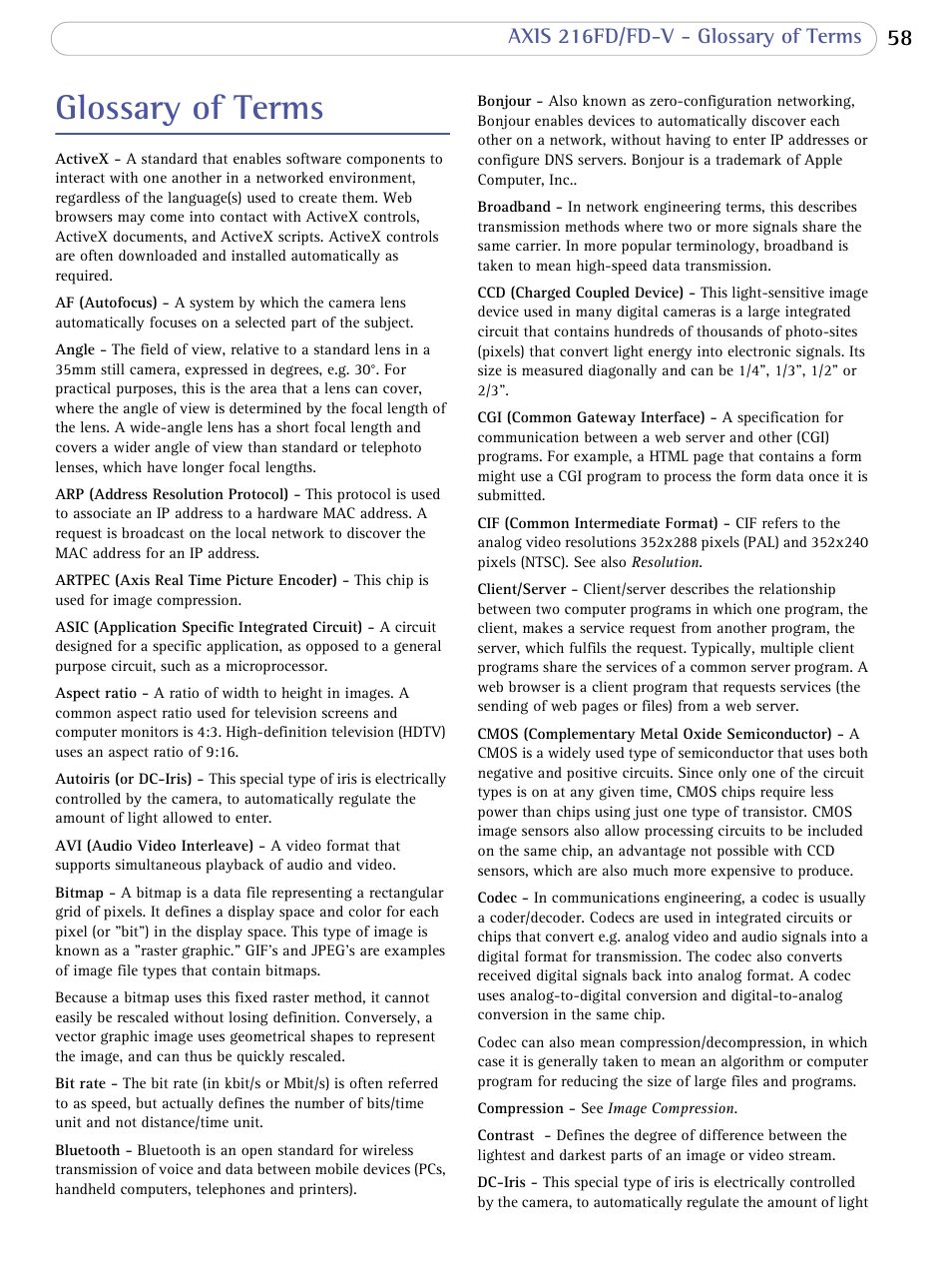 Glossary of terms | Axis Communications 216FD/FD-V User Manual | Page 57 / 64