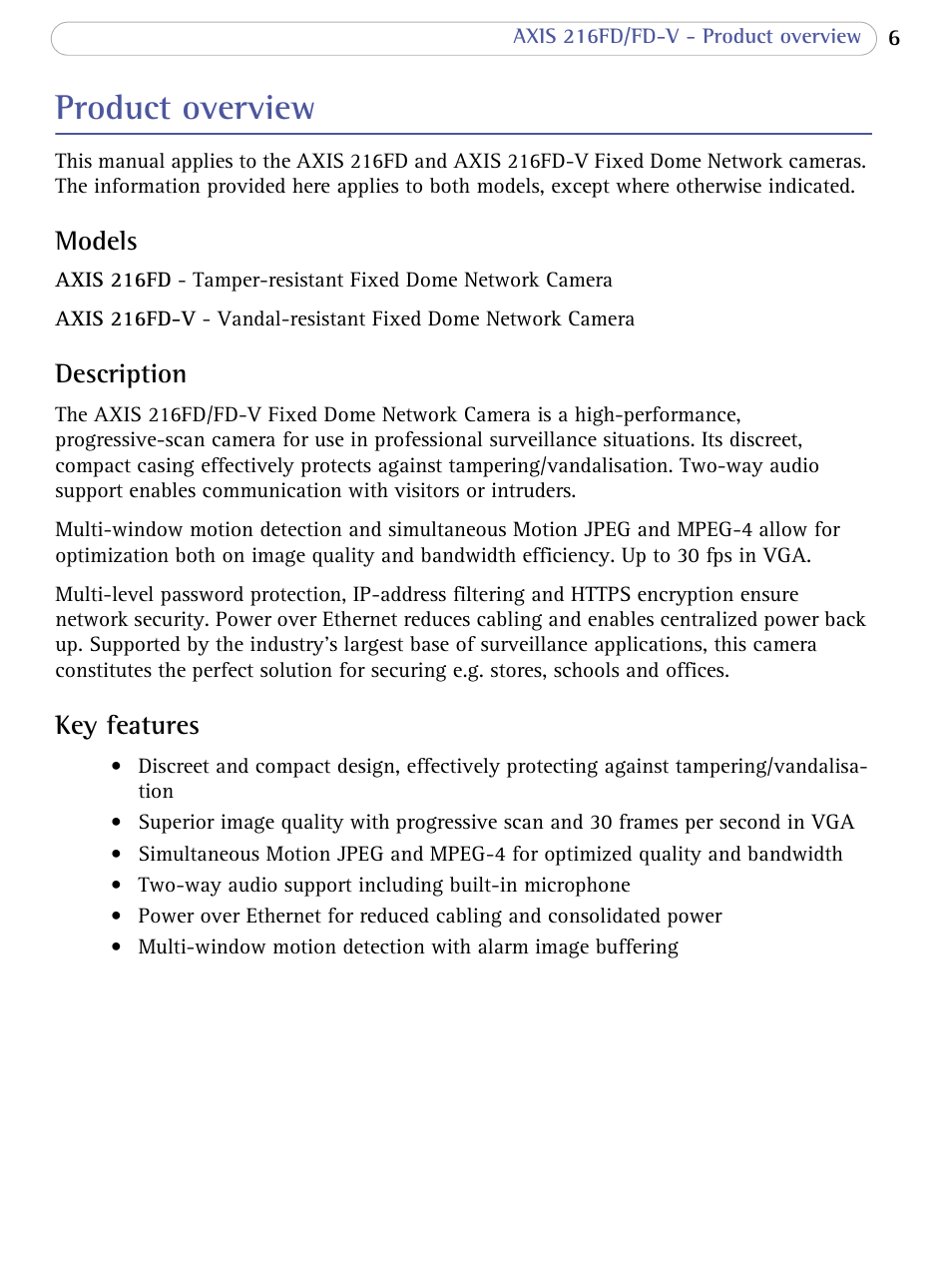 Product overview, Models, Description | Key features | Axis Communications 216FD/FD-V User Manual | Page 6 / 64