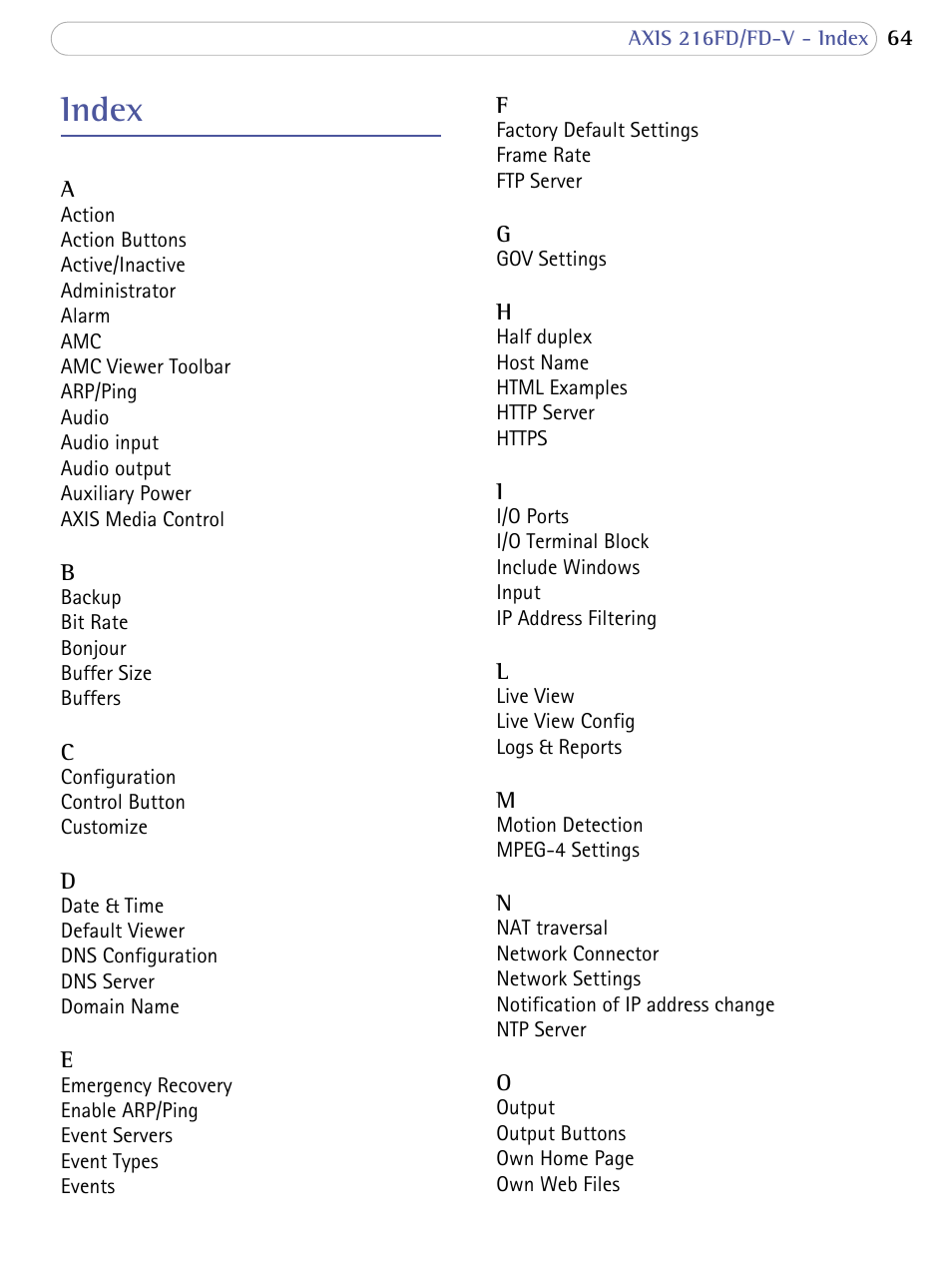 Index | Axis Communications 216FD/FD-V User Manual | Page 63 / 64