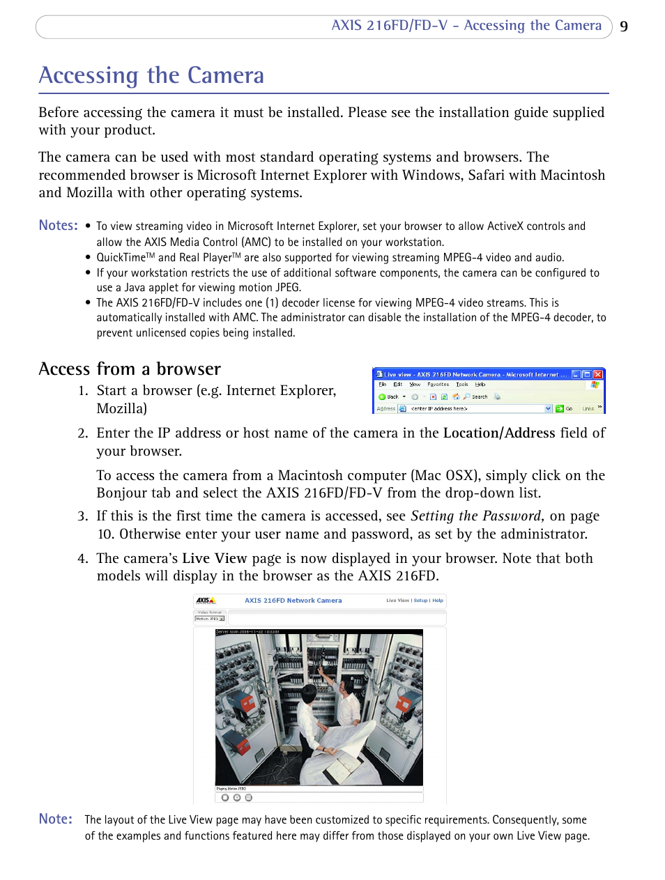Accessing the camera, Access from a browser | Axis Communications 216FD/FD-V User Manual | Page 9 / 64