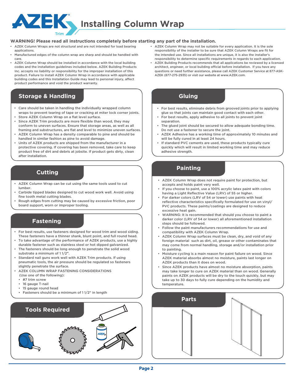 Installing column wrap, Tools required painting parts fastening cutting, Storage & handling | Gluing, Page 2 | AZEK Column Wrap User Manual | Page 2 / 4