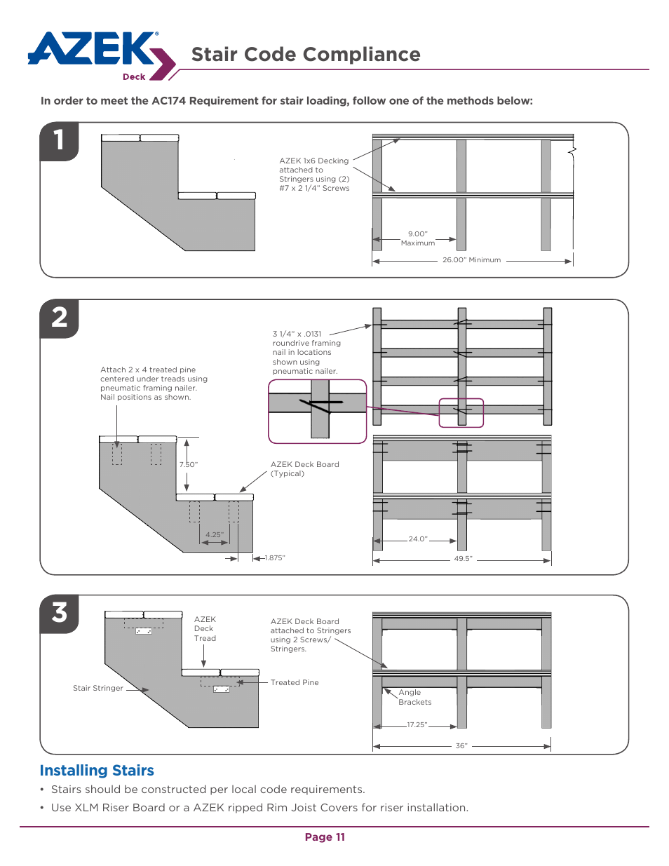Stair code compliance, Installing stairs | AZEK Deck EN User Manual | Page 11 / 16