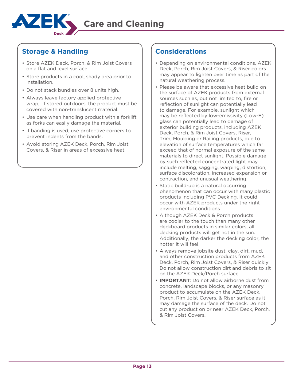 Care and cleaning, Storage & handling, Considerations | AZEK Deck EN User Manual | Page 13 / 16