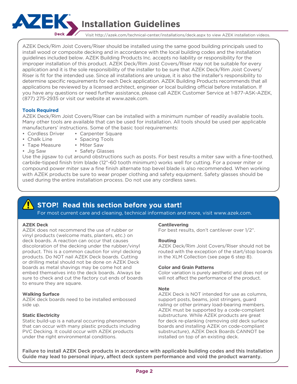 Installation guidelines | AZEK Deck EN User Manual | Page 2 / 16