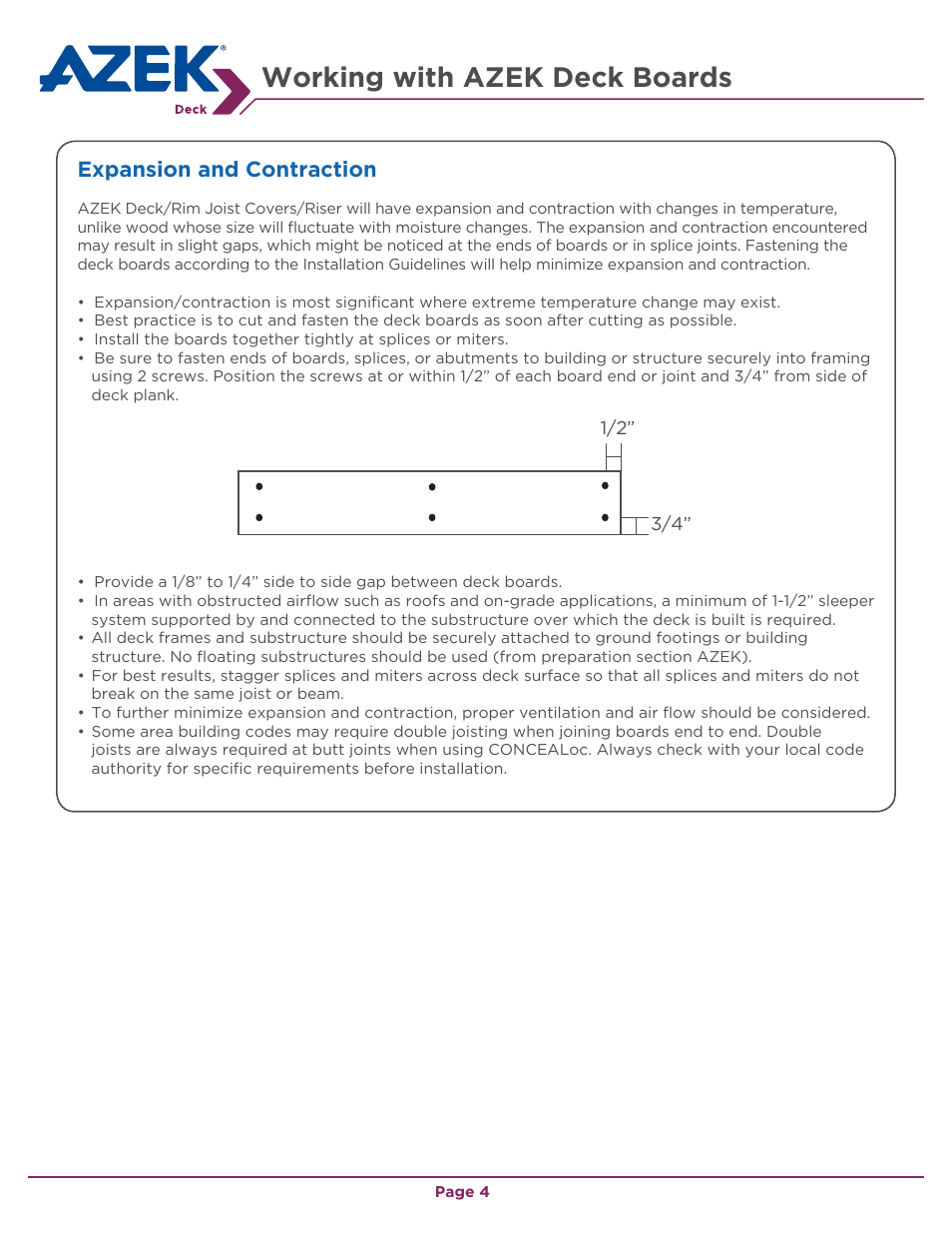 Working with azek deck boards, Expansion and contraction | AZEK Deck EN User Manual | Page 4 / 16