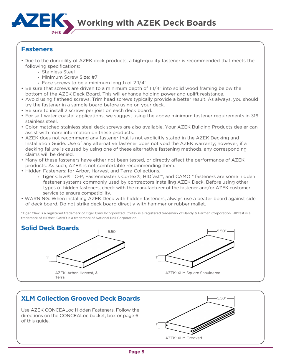 Working with azek deck boards, Xlm collection grooved deck boards, Fasteners | Solid deck boards | AZEK Deck EN User Manual | Page 5 / 16