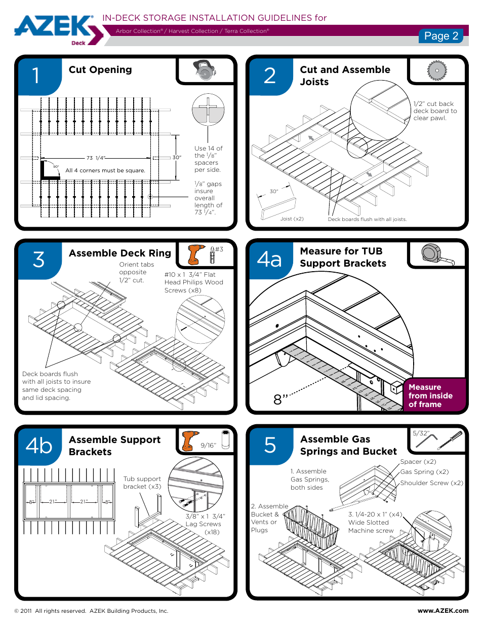 Page 2, Assemble gas springs and bucket, Assemble support brackets | Measure for tub support brackets | AZEK InDeck User Manual | Page 2 / 4