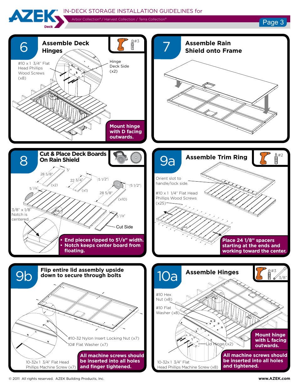 78 9a, Page 3, Assemble rain shield onto frame assemble trim ring | Assemble deck hinges, Assemble hinges | AZEK InDeck User Manual | Page 3 / 4